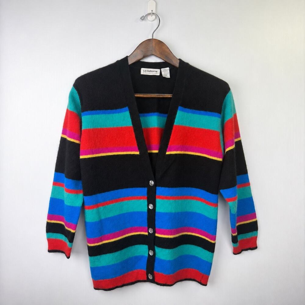 Vintage Liz Claiborne Collection Angora Lambswool Striped Cardigan Sweater L